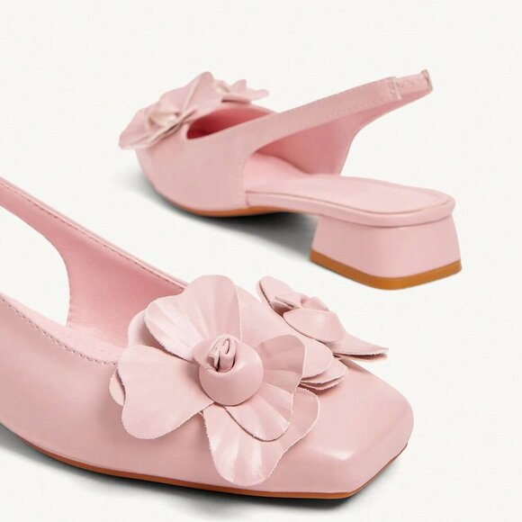 Pink Basics Women's 3d Floral Decor Strap Low Square Toe Heel - Picture 9 of 10